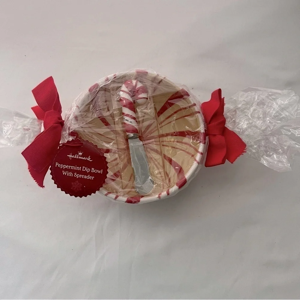 Hallmark Peppermint Dip Bowl with Spreader NWT Microwave Dishwasher Safe